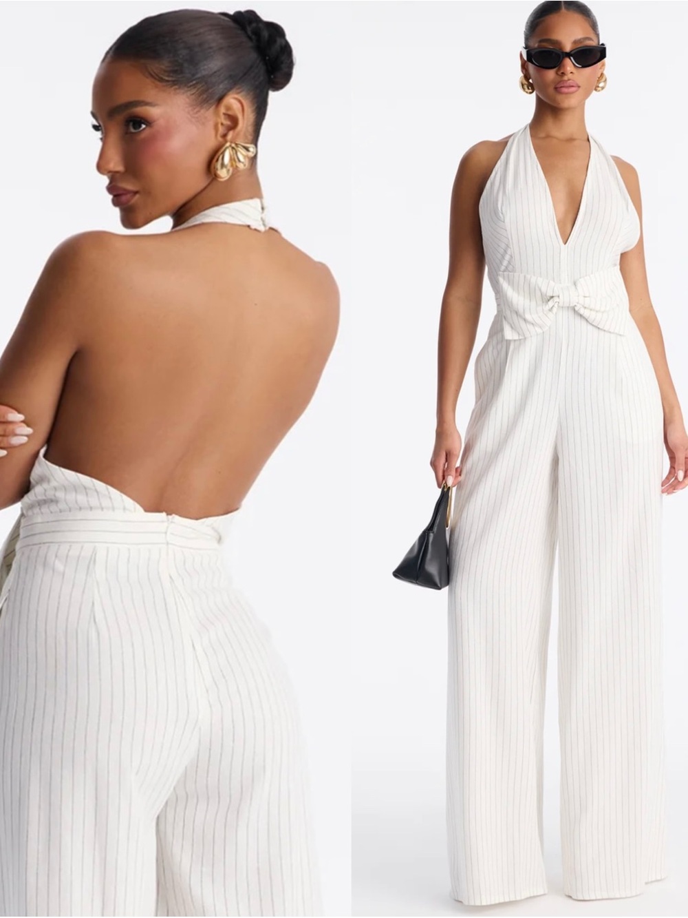 Jess Pinstripe Bow Backless Jumpsuit
